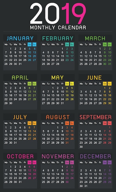 Calendrier Modèle 2019 Année Simple - La semaine commence le lundi.