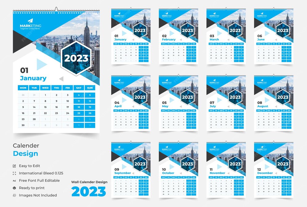 Calendrier Mural De 12 Pages 2023, Conception De Calendrier Mural