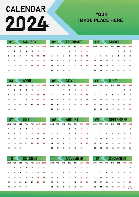 Vecteur calendrier mural 2024 année nouvelle page unique modèle de calendrier annuel de 12 mois calendrier mensuel annuel disposition prête à l'impression calendrier annuel 2024 disposition de grille murale ou de bureau planificateur pour journal de l'année 2024