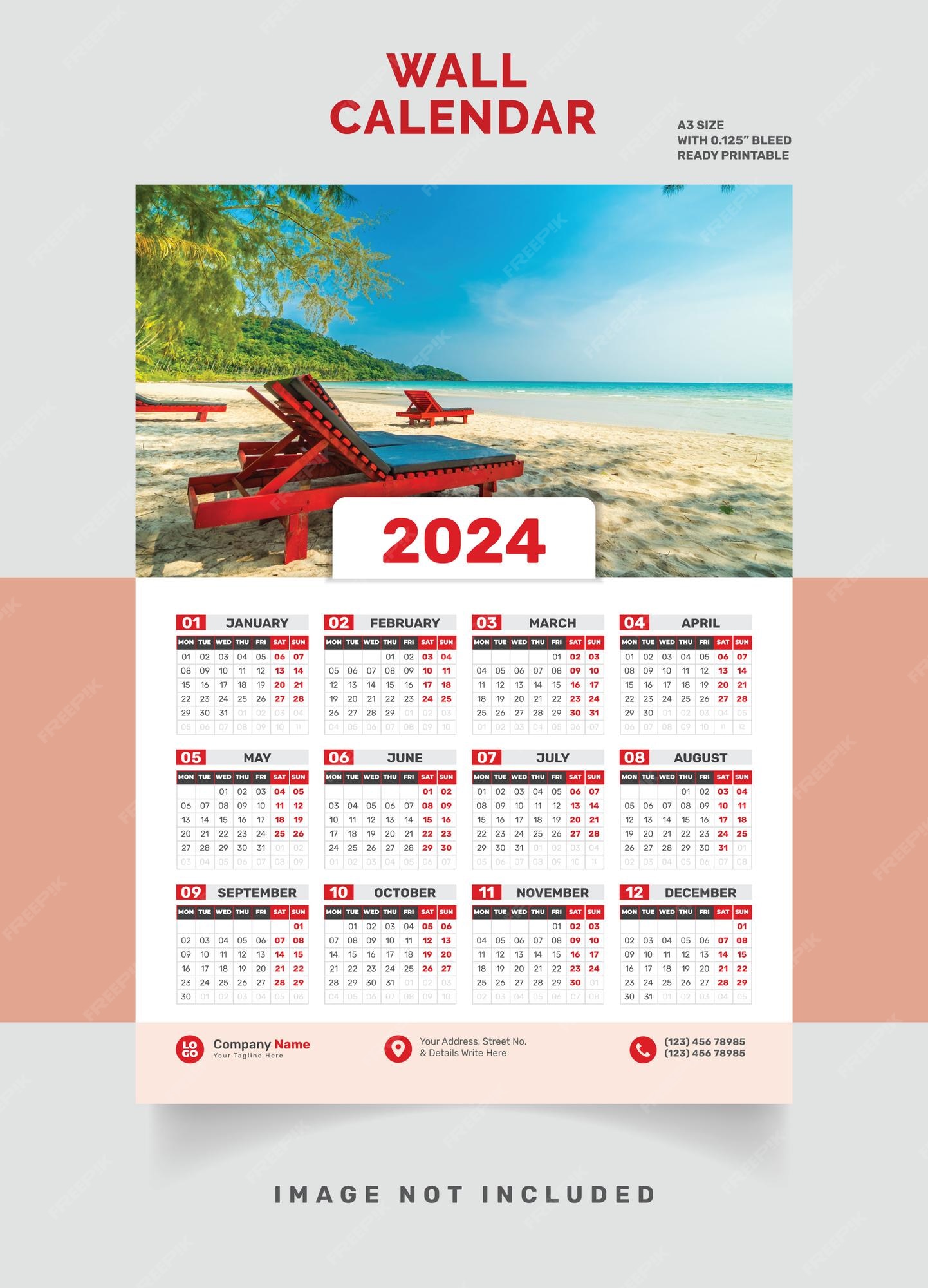 Calendrier Mural 2024 Mise En Page D'une Seule Page Calendrier