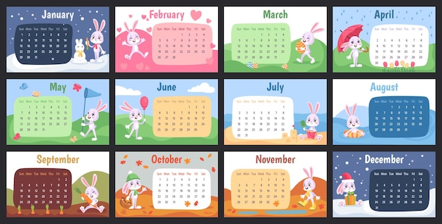 Vecteur calendrier mural lapin chinois 2023 année lapin planificateur mensuel conception pour affiche cadeau famille enfant avec mois anniversaire drôle dessin animé mignon animal ingénieux cartes illustration vectorielle