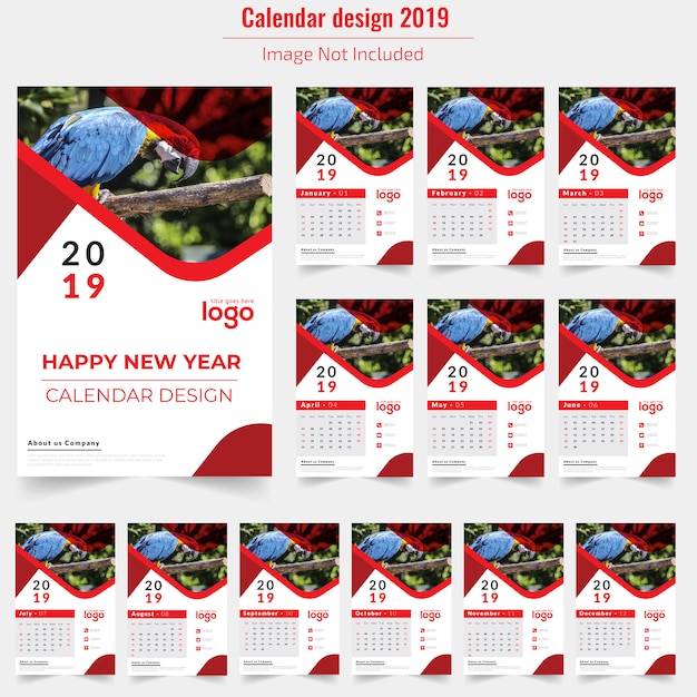 Calendrier Mural Rouge 2019