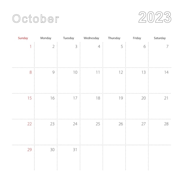 Calendrier Mural Simple Pour Octobre 2023 Avec Des Lignes Pointillées Le Calendrier Est En Anglais La Semaine Commence Le Dimanche