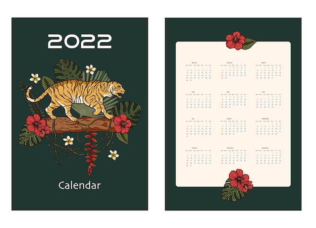 Vecteur calendrier de noël 2022 avec animal tigre