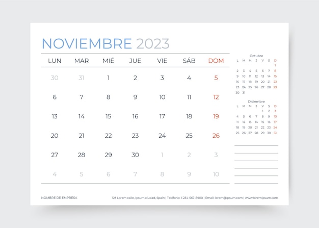 Calendrier De Novembre 2023 En Espagnol Modèle De Planificateur Mensuel Illustration Vectorielle