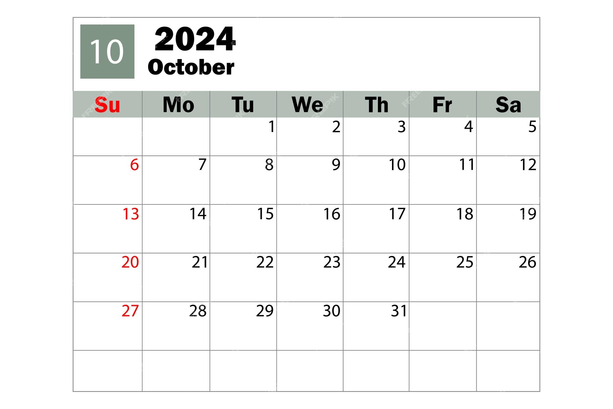 Calendrier D'octobre 2024. Calendrier Agenda. Planificateur Quotidien.  Illustration Vectorielle.