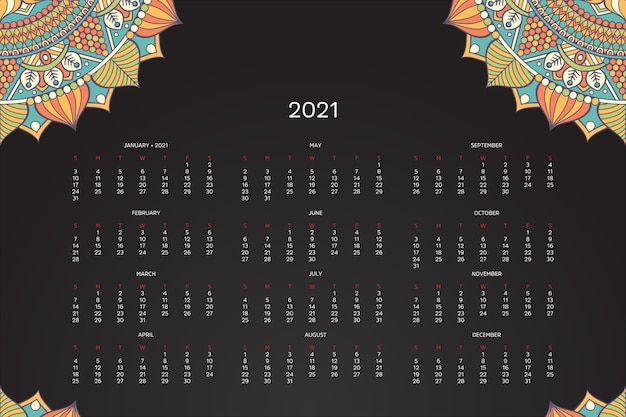 Vecteur calendrier avec ornement de style sombre mandalas