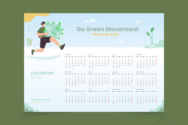 Vecteur calendrier d'une page 2024 avec concept de mouvement go green