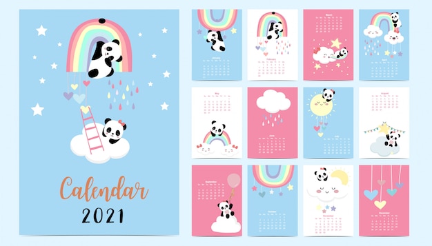 Calendrier Pastel Doodle 2021 Avec Panda, Arc-en-ciel, Soleil Pour Enfants.peut être Utilisé Pour Un Graphique Imprimable