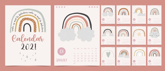 Calendrier Pastel Mignon 2021 Avec Arc-en-ciel, Pluie Et Nuage