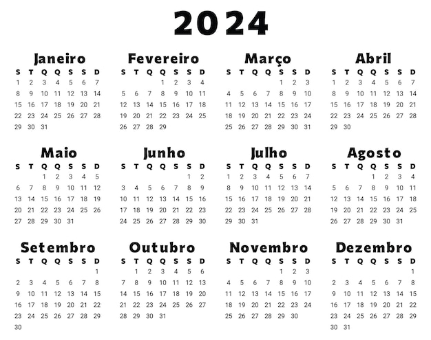 Vecteur calendrier portugais 2024 illustration de modèle vectoriel simple pour le portugal en couleur noire