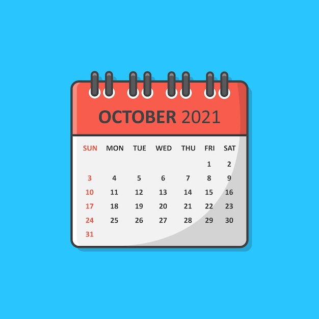 Calendrier Pour 2021 Année Vector Icon Illustration. Icône Plate Du Calendrier Octobre 2021