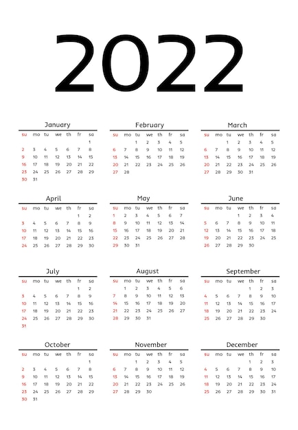 Calendrier Pour 2022 Isolé Sur Fond Blanc. Du Dimanche Au Lundi, Modèle D'affaires. Illustration Vectorielle