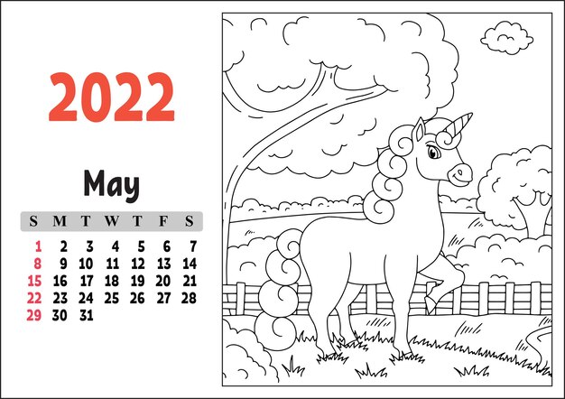 Calendrier Pour 2022 Avec Un Personnage Mignon Coloriage Licorne Fée