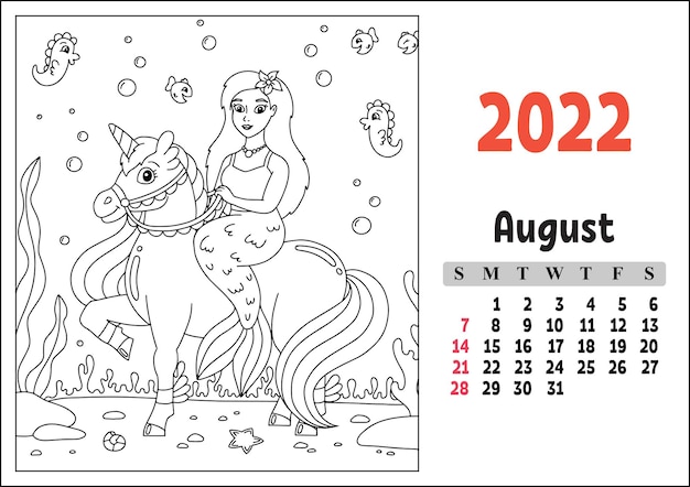 Calendrier pour 2022 avec un personnage mignon Coloriage licorne fée