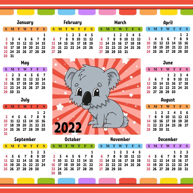 Calendrier Pour 2022 Avec Un Personnage Mignon Design Amusant Et Lumineux