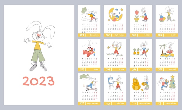 Calendrier pour 2023 Conception verticale avec lapin Le personnage de lapin est une mascotte un symbole oriental de l'année Ensemble d'illustrations vectorielles modifiables de 12 mois avec une couverture La semaine commence le lundi