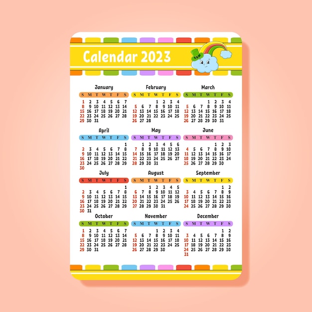 Calendrier Pour 2023 Avec Un Personnage Mignon Design Amusant Et Lumineux Style De Dessin Animé De Poche Illustration Vectorielle