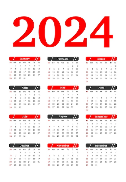 Vecteur calendrier pour 2024 isolé sur fond blanc du dimanche au lundi modèle d'affaires illustration vectorielle