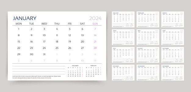 Calendrier pour l'année 2024 Modèle de planificateur Illustration vectorielle Grille d'horaire mensuel