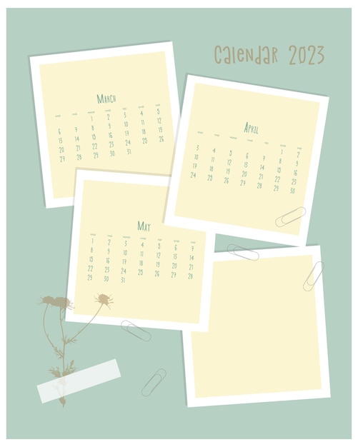 Calendrier pour le collage vintage du printemps 2023 avec timbre et notes de camomille. Calendrier Mars Avril Mai.