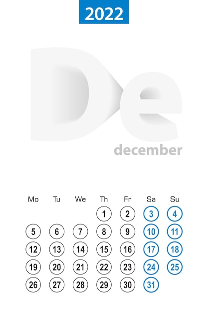 Calendrier Pour Décembre 2022, Conception De Cercle Bleu. Langue Anglaise, La Semaine Commence Le Lundi.