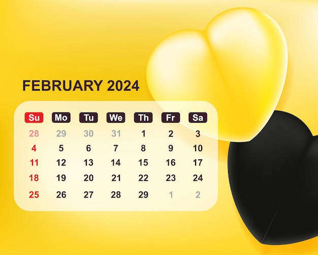 Vecteur calendrier pour février 2024 avec fond d'amour illustration vectorielle