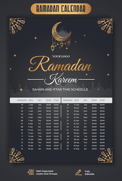 Vecteur calendrier ramadan kareem prime modèle calendrier ramadan iftar et sehri