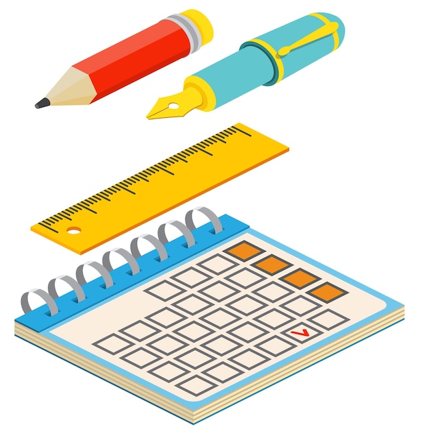 Calendrier Et Règle De Stylo Plume Isométrique Sur Fond Blanc