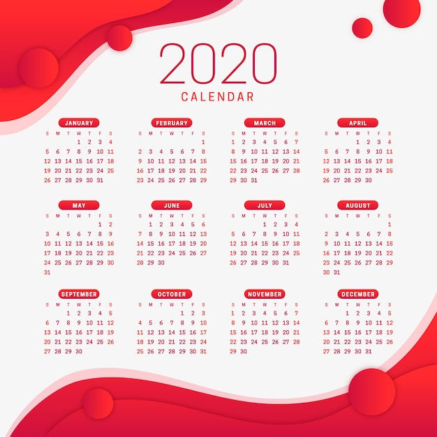 Vecteur calendrier rouge nouvel an 2020