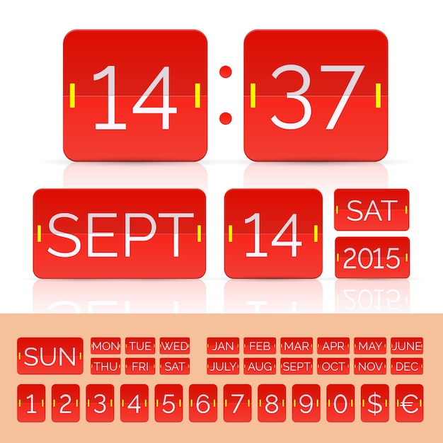 Vecteur calendrier rouge avec numéros de minuterie et de tableau de bord. illustration vectorielle eps10