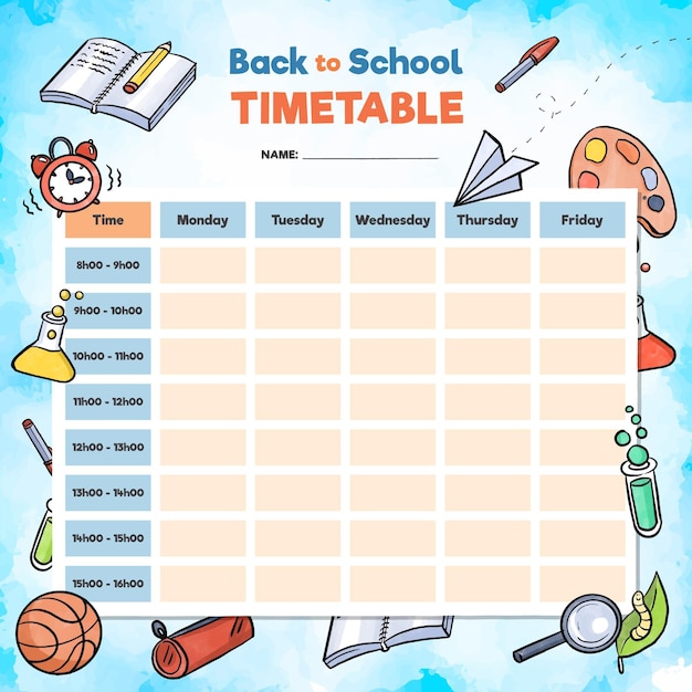 Vecteur calendrier scolaire aquarelle avec des objets