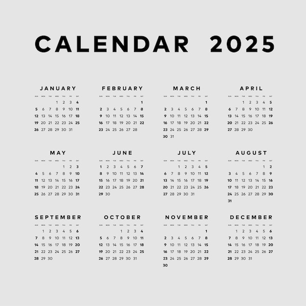 Calendrier simple 2025 semaine commence le dimanche modèle