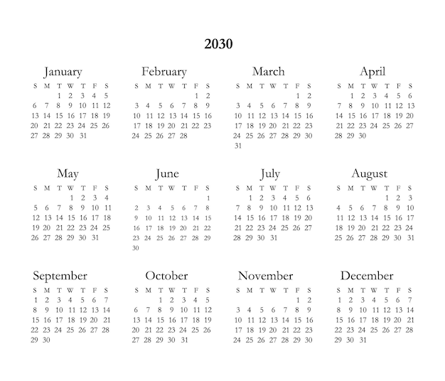 Calendrier Simple 2030