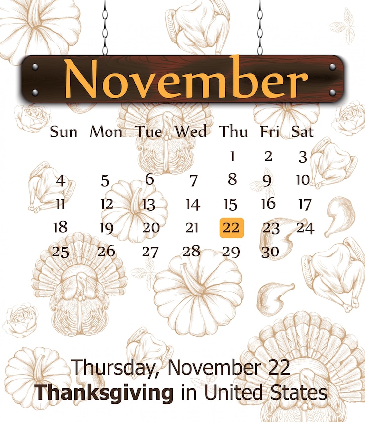 Vecteur calendrier de thanksgiving avec fond de citrouilles