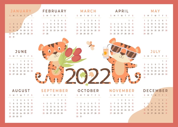 Vecteur calendrier de tigre 2022 avec des animaux mignons modèle horizontal de calendrier de 12 mois de vecteur de tigre