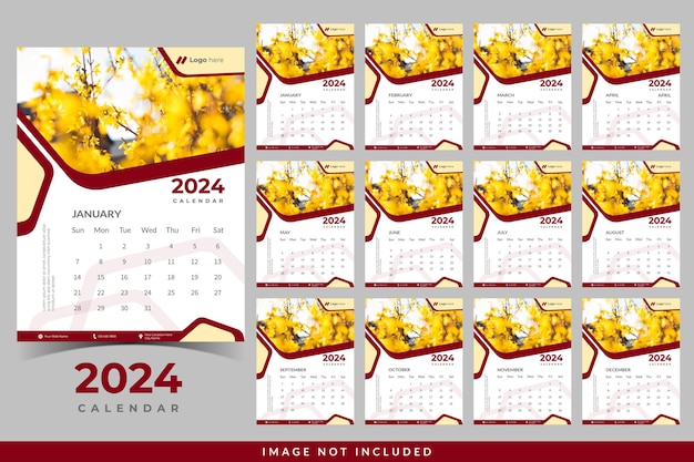 Vecteur calendrier vectoriel 2024 avec mur de fond lumineux calendrier moderne
