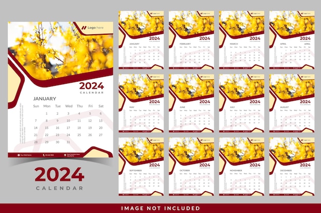 Calendrier vectoriel 2024 avec mur de fond lumineux calendrier moderne