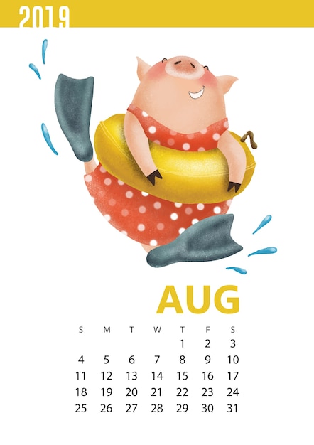 Vecteur calendriers illustration de cochon drôle pour août 2019