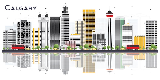 Vecteur calgary canada city skyline avec bâtiments gris et réflexions sur fond blanc. illustration vectorielle. concept de voyage d'affaires et de tourisme avec des bâtiments modernes. paysage urbain de calgary avec des points de repère.