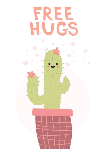 Câlins Gratuits Kawaii Cactus Demandant Des Câlins Affiche Pour La Bannière D'impression De Carte De Voeux De Pépinière Pour L'intérieur De La Maison Enfant Tshirt Illustration Vectorielle Eps