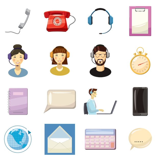 Call Center Icons Set, Style De Bande Dessinée