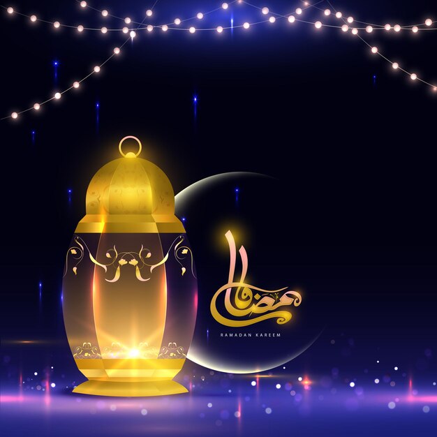 Vecteur calligraphie arabe dorée du ramadan kareem croissant de lune avec lanterne allumée en 3d à l'éclairage garland décoré d'un fond bleu pour le concept de célébration d'une fête islamique