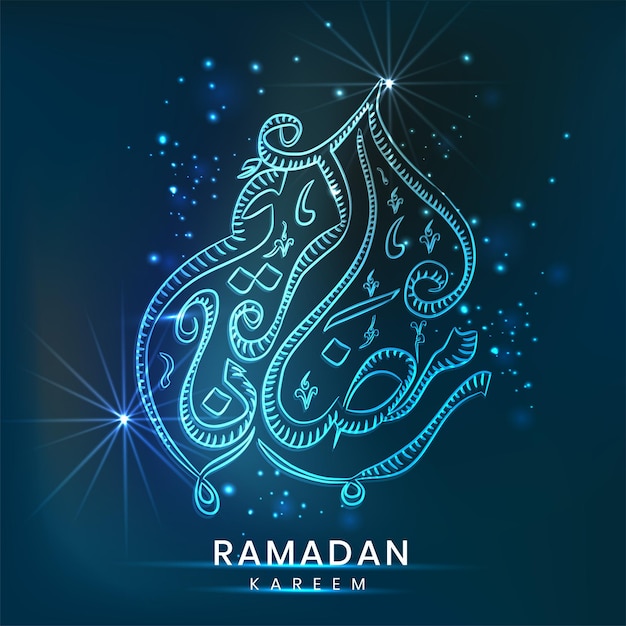 Calligraphie Arabe Du Ramadan Kareem Avec Effet De Lumières Sur Fond Bleu