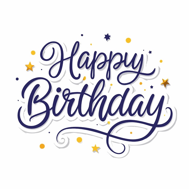 Calligraphie dessinée à la main de 39Happy Birthday39 en bleu marin avec des étoiles et des points dorés