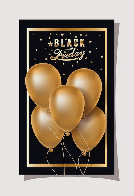 Vecteur calligraphie du vendredi noir dans un cadre doré avec des ballons à l'hélium