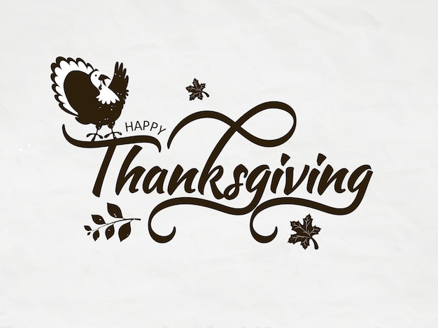 Calligraphie De Happy Thanksgiving Avec Des Oiseaux De Dinde Et De L'automne Laisse Sur La Carte De Voeux Blanche