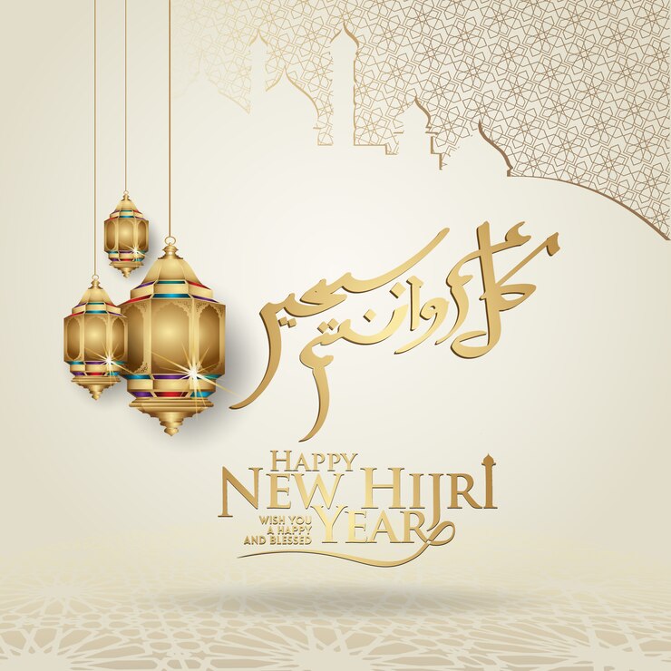 Vecteur calligraphie muharram luxueuse et futuriste modèle de voeux islamique et bonne nouvelle année hijri
