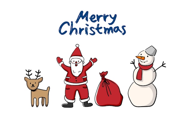 Calligraphie de Noël et illustrations du Père Noël et des personnages de bonhomme de neige et de cerf.