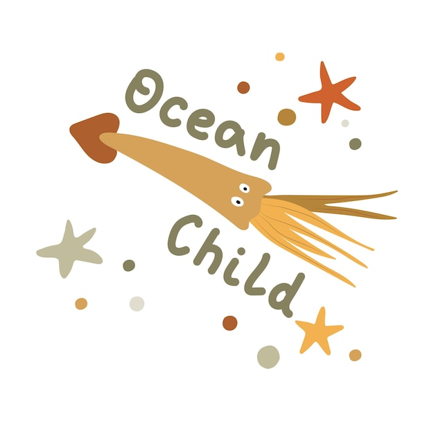 Calmar Avec étoile De Mer Et Cailloux Avec Texte Océan Enfant Sur Fond Blanc Enfants Marine Clipart